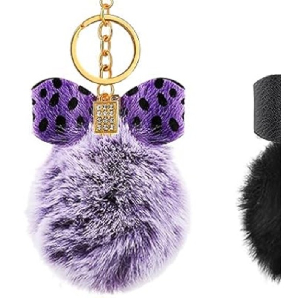 Black & Purple Bow Keychain with Purple Fluffy Pom Pom